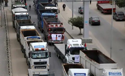 Palestinian truck drivers take part in a protest against the siege on the Gaza Strip, on February 6, 2018 in Gaza City. Israel has maintained a siege on Gaza for a decade which it says is necessary to limit Hamas, the Is...