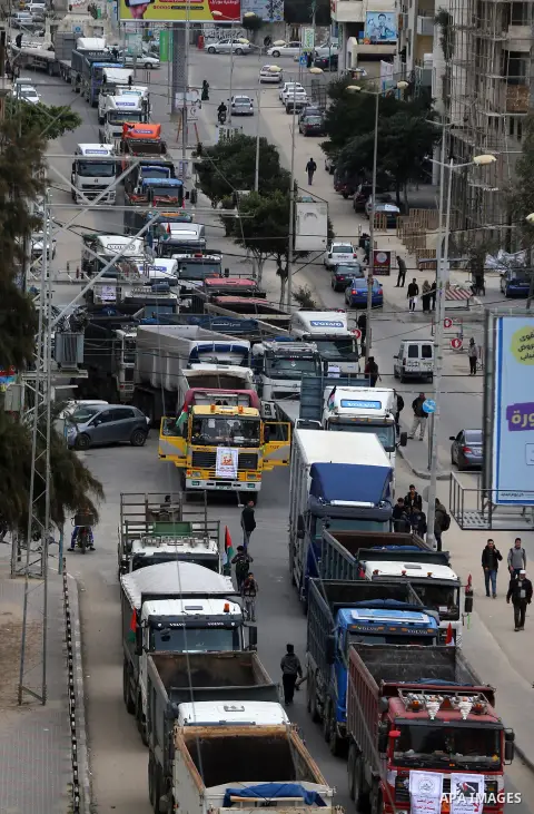 Palestinian truck drivers take part in a protest against the siege on the Gaza Strip, on February 6, 2018 in Gaza City. Israel has maintained a siege on Gaza for a decade which it says is necessary to limit Hamas, the Is...