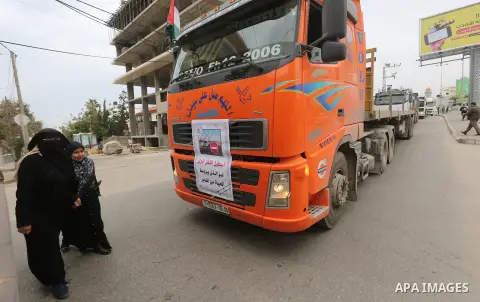 Palestinian truck drivers take part in a protest against the siege on the Gaza Strip, on February 6, 2018 in Gaza City. Israel has maintained a siege on Gaza for a decade which it says is necessary to limit Hamas, the Is...