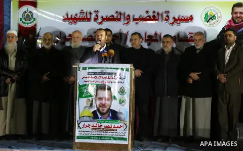 Senior Hamas leader Fathi Hammad speaks during a rage protest after Israeli security forces shot and killed Ahmed Nasr Jarrar After a manhunt that lasted almost a month, in Jabalia in the northern Gaza Strip on February...