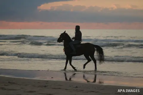 A man takes a tour with his horse at a beach during sunset. Photo by Sanad Ltefa