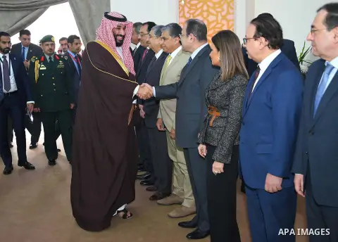 Egyptian President Abdel Fattah al-Sisi and Saudi Arabia's Crown Prince Mohammed bin Salman visit the Suez Canal in the city of Ismailia, east of the capital Cairo on March 5, 2018. Photo by Egyptian President Office