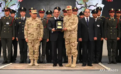 Egyptian President Abdel Fattah al-Sisi attends a conference commemorating the country's martyrs, in Cairo, Egypt on March 15, 2018. Photo by Egyptian President Office