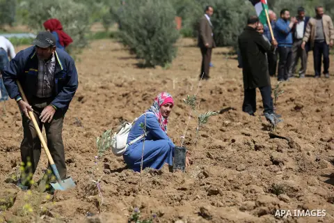 Palestinians plant during a protest ahead of the Land Day, near the border with Israel in the eastern Gaza Strip March 20, 2018. Photo by Ashraf Amra