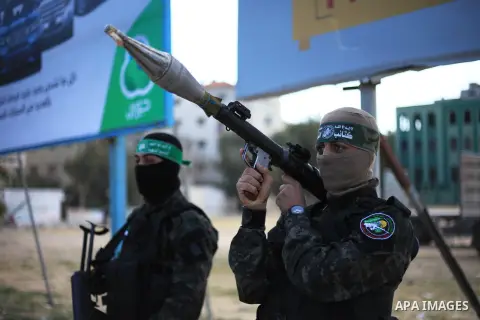 Members of Hamas' armed wing al-Qassam Brigades stand checkpoints during a military drill, in Gaza city on March 25, 2018. Photo by Mahmoud Ajour