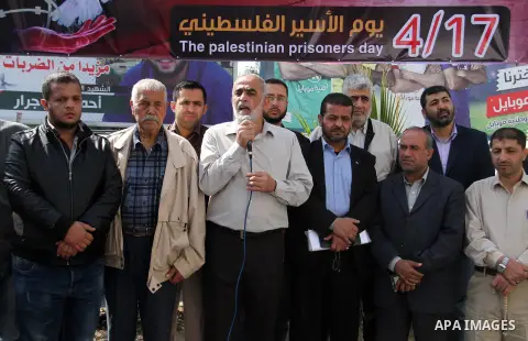 Palestinians take part in a conference to announce the launch of the events of the Palestinian Prisoners' Day, in Gaza city, on April 8, 2018. Photo by Mahmoud Ajour