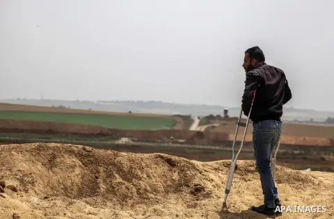 A Palestinian protester takes part during protest tents at the Israel-Gaza border where Palestinians demand the right to return to their homeland, in Jabalia in the northern Gaza Strip April 20, 2018. Photo by Ramez Habb...