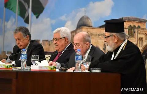 Palestinian President Mahmoud Abbas attends the Palestinian National Council meeting in the West Bank city of Ramallah, on April 30, 2018. Photo by Thaer Ganaim