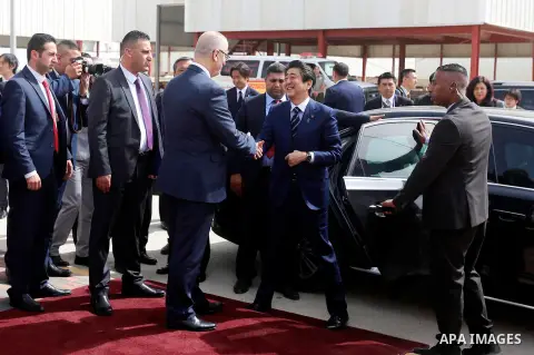 Japan's Prime Minister Shinzo Abe is welcomed by Palestinian Prime Minister Rami Hamdallah at the Jericho Agro Industrial Park (JAIP) in the West Bank city of Jericho on May, 2 2018. Photo by Wisam Hashlamoun