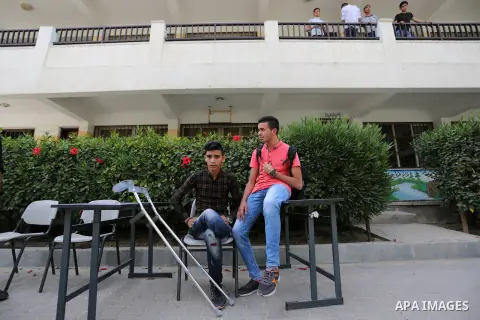 Palestinian Mohammed Musabeh, 17, a High school student, who amputated his leg after he was shot by Israeli troops during clashes in tents protest demanding the right to return to their homeland, at the Israel-Gaza borde...