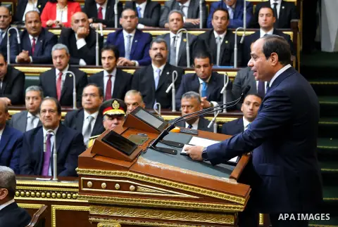 Egyptian President Abdel Fattah Al Sisi speaks at his swearing-in of the second presidential term, at a ceremony, at the House of Representatives in Cairo, Egypt, June 2, 2018. Photo by Egyptian President Office