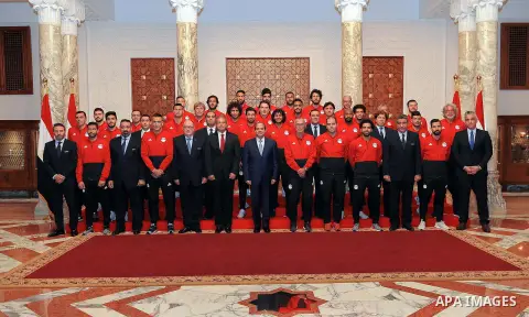Egyptian President Abdel Fattah al-Sisi meets with Egypt's national football team before travelling to Russia to attend World Cup at the Ittihadiya presidential palace in Cairo, Egypt, June 9, 2018. Photo by Egyptian Pre...