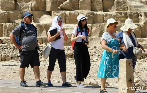 Delegation of the Italian Christian pilgrimage visit the Giza Pyramids on the outskirts of Cairo, Egypt, on June 18, 2018. Photo by Amr Sayed