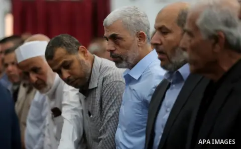 Hamas's leader in the Gaza Strip Yahya Sinwar participates in the funeral of 14-year-old Palestinian boy Yasser Abu Al-Naja, who was killed by Israeli troops during clashes in tents protest where Palestinian demand the r...