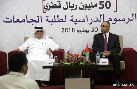 Qatar's Ambassador to the Palestinian Authority, Mohammed Al Emadi attends the ceremony of provide a grant to support the fees of Palestinian needy students at University College of Applied Sciences, in Gaza city on June...