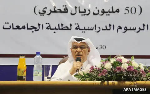 Qatar's Ambassador to the Palestinian Authority, Mohammed Al Emadi attends the ceremony of provide a grant to support the fees of Palestinian needy students at Islamic University, in Gaza city on June 30, 2018. Photo by...