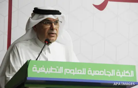 Qatar's Ambassador to the Palestinian Authority, Mohammed Al Emadi attends the ceremony of provide a grant to support the fees of Palestinian needy students at University College of Applied Sciences, in Gaza city on June...