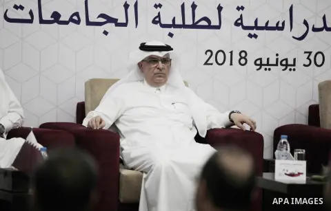 Qatar's Ambassador to the Palestinian Authority, Mohammed Al Emadi attends the ceremony of provide a grant to support the fees of Palestinian needy students at University College of Applied Sciences, in Gaza city on June...