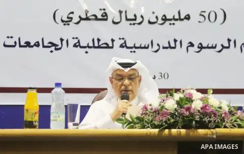 Qatar's Ambassador to the Palestinian Authority, Mohammed Al Emadi attends the ceremony of provide a grant to support the fees of Palestinian needy students at Islamic University, in Gaza city on June 30, 2018. Photo by...