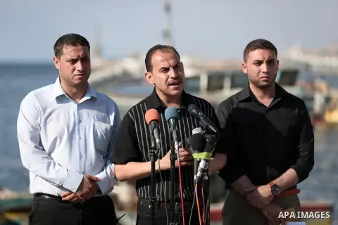 A Palestinian member of the supreme commission for the "Great Return March" and breaking the siege speaks during a press conference, at Gaza City harbour, on July 10, 2018. Israel’s navy announced today that it had seize...