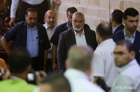 Palestinian Hamas Chief Ismail Haniyeh attends the funeral of Palestinian Hamas militants who were killed in Israeli tank fire, at Omari Mosque in Gaza City July 26, 2018. Photo by Ashraf Amra