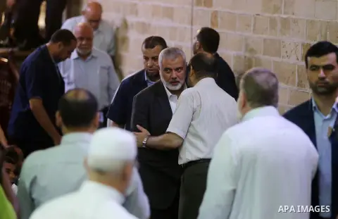 Palestinian Hamas Chief Ismail Haniyeh attends the funeral of Palestinian Hamas militants who were killed in Israeli tank fire, at Omari Mosque in Gaza City July 26, 2018. Photo by Ashraf Amra