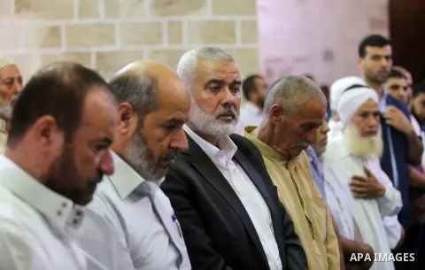 Palestinian Hamas Chief Ismail Haniyeh attends the funeral of Palestinian Hamas militants who were killed in Israeli tank fire, at Omari Mosque in Gaza City July 26, 2018. Photo by Ashraf Amra