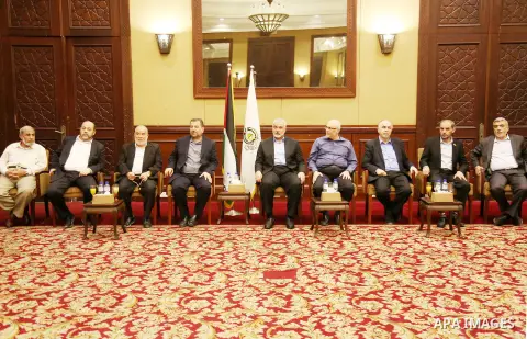 Palestinian Hamas leaders attend a meeting, in Gaza City August 2, 2018. Hamas Chief Media Office.