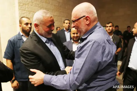 Palestinian Hamas leaders attend a meeting, in Gaza City August 2, 2018. Hamas Chief Media Office.
