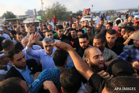 Hamas leader Izzat al-Rishq takes part during tents protest where Palestinian demand the right to return to their homeland at the Israel-Gaza border, in al-Bureij, in the center of Gaza Strip on Aug. 03, 2018. Photo by M...