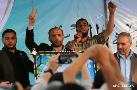 Hamas leader Hussam Badran takes part during tents protest where Palestinian demand the right to return to their homeland at the Israel-Gaza border, in east of Gaza City on Aug. 03, 2018. Photo by Dawoud Abo Alkas