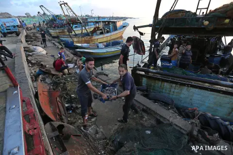 Palestinian fishermen collect fish for sale, at Gaza seaport, on August 15, 2018. The fishing zone off Gaza's coast was also restored to 17km (nine nautical miles), having been reduced to 6km. Photo by Ashraf Amra