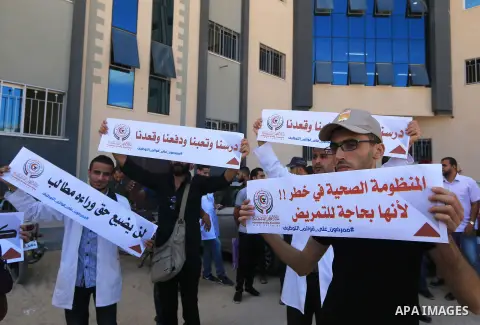 Palestinian Nurses hold banners during a protest to demand their rights, in Gaza city, on August 15, 2018. Photo by Mahmoud Khattab