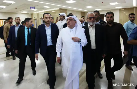 Qatar's Ambassador to the Palestinian Authority, Mohammed Al Emadi, attends the opening ceremony of new headquarters of the superior committee of justice, funded by Qatar in south of Gaza City on September 16, 2018. Phot...