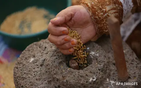 A picture taken on September 22, 2018 shows a Palestinian woman grinds wheat by a stone mill, inside her house, in the village of Jalbun near the West Bank City of Jenin. Photo by Shadi Jarar'ah