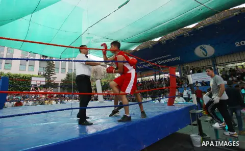 Palestinian fighters compete during the first individual boxing tournament at the University College of Applied Sciences "UCAS" in Gaza city, on September 30, 2018. Photo by Mahmoud Ajjour