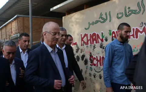 Palestinian Prime Minister Rami Hamdallah visits the Palestinian Bedouin village of Khan al-Ahmar, in the occupied West Bank on October 18, 2018. Photo by Shadi Hatem