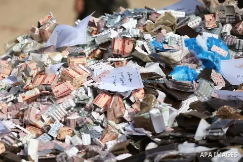 Members of Palestinian anti-drug police burn drugs during the annual conference for the destruction of narcotics, in Gaza City on October 22, 2018. Photo by Ashraf Amra