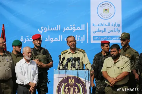 Brigadier General, Naser Soliman, speak during the annual conference for the destruction of narcotics, in Gaza City on October 22, 2018. Photo by Ashraf Amra