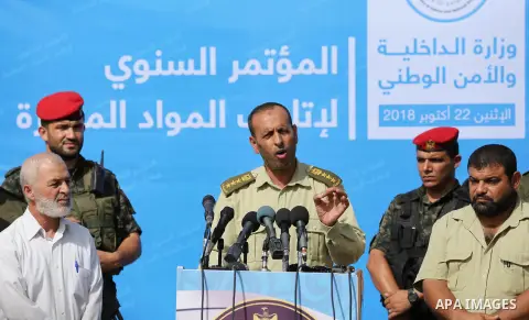 Brigadier General, Naser Soliman, speak during the annual conference for the destruction of narcotics, in Gaza City on October 22, 2018. Photo by Ashraf Amra