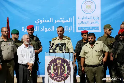Brigadier General, Naser Soliman, speak during the annual conference for the destruction of narcotics, in Gaza City on October 22, 2018. Photo by Ashraf Amra