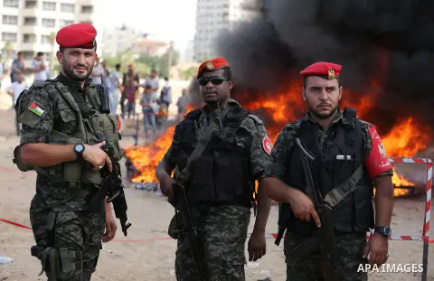 Members of Palestinian anti-drug police burn drugs during the annual conference for the destruction of narcotics, in Gaza City on October 22, 2018. Photo by Ashraf Amra