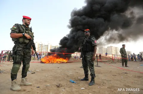 Members of Palestinian anti-drug police burn drugs during the annual conference for the destruction of narcotics, in Gaza City on October 22, 2018. Photo by Ashraf Amra