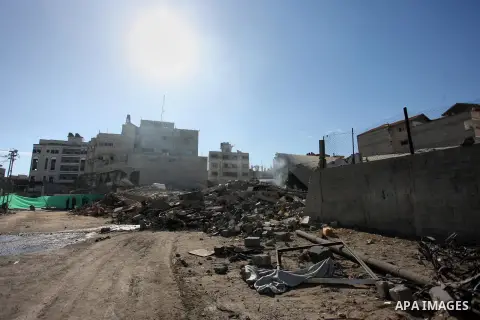 A picture taken on October 27, 2018 shows the rubble of a building following an Israeli air strike on Gaza City on October 27, 2018. A barrage of rockets from Gaza hit Israel overnight, the Israeli army said on October 2...