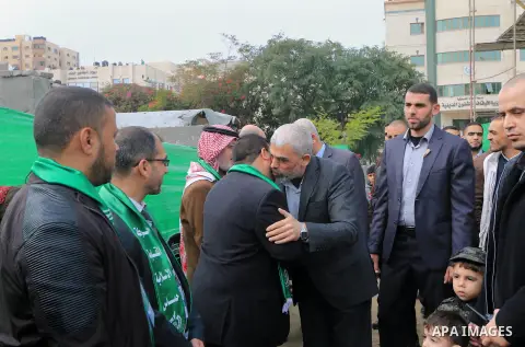 Hamas's leader in the Gaza Strip Yahya Sinwar arrives to attend a rally marking the 31th anniversary of the founding of the Hamas movement, in Gaza city, December 16, 2018. Photo by Mahmoud Khattab