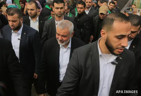 Chairman of the political bureau of the Hamas Palestinian Islamist movement, Ismail Haniyeh arrives to attend a rally marking the 31th anniversary of the founding of the Hamas movement, in Gaza city, December 16, 2018. P...