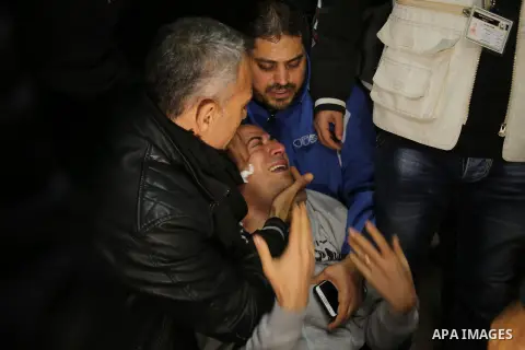 Relatives of Palestinian youth Mohammed Jahjouh, 16, who was shot dead by Israeli forces during clashes with Israeli troops in tents protest where Palestinians demand the right to return to their homeland at the Israel-G...