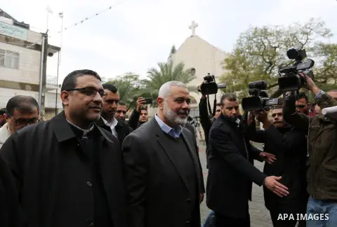 Chairman of the political bureau of the Hamas Palestinian Islamist movement, Ismail Haniyeh arrives at the Latin church, in Gaza city on December 29, 2018. Photo by Ashraf Amra