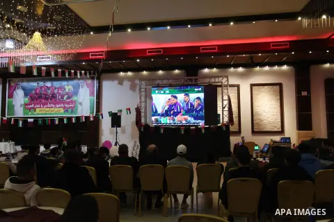 Palestinian fans watch the 2019 AFC Asian Cup final match between Japan and Qatar, in Gaza city, 01 February 2019. Photo by Mahmoud Ajjour
