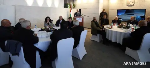 Palestinian Prime Minister Rami Hamdallah visits a stone factory in the West Bank village of Bani Naem, February 16 2019. Hamdallah's tour included visits to stone quarries and factories in the West Bank villages of Bani...